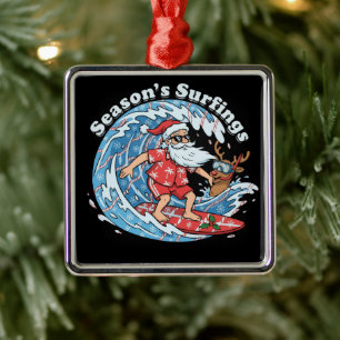 Ornamento De Metal Surfe das Festas de Natal Santa Engraçado Surfando