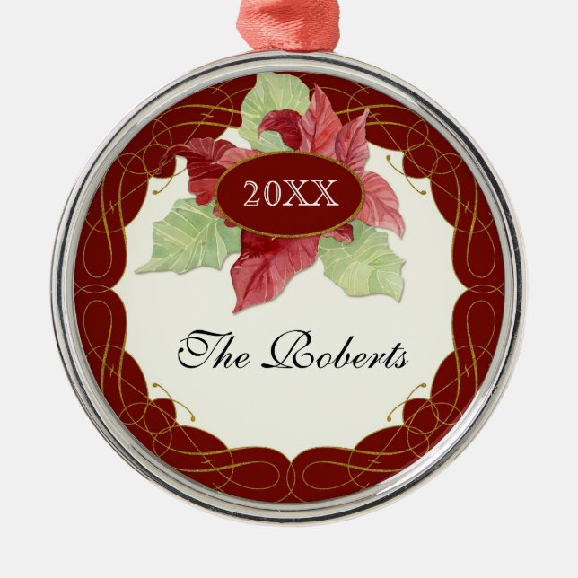 Ornamento De Metal Swirl Scroll Art Poinsettia de Natal Personalizada (Frente)