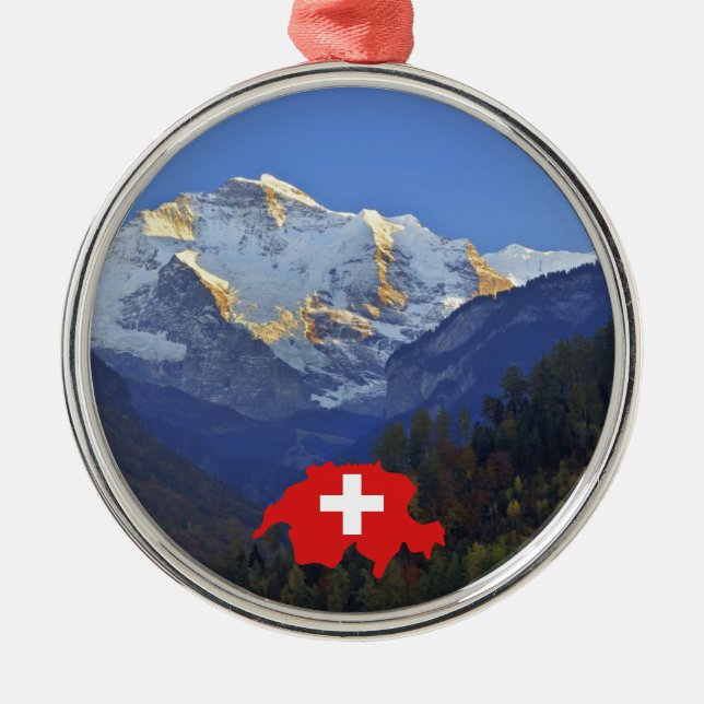 Ornamento De Metal Swtzerland Jungfrau e bandeira (Frente)