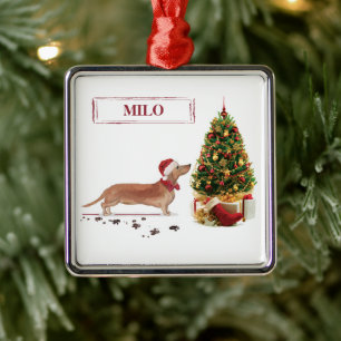 Ornamento De Metal Tan Dachshund Engraçado Cachorro de Natal com Árvo