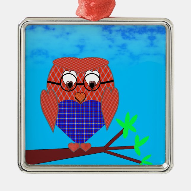 Ornamento De Metal Tartan e Hearts Owl (Frente)