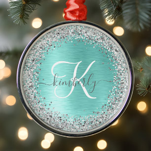 Ornamento De Metal Teal Brugado Metal Silver Glitter Nome Monograma