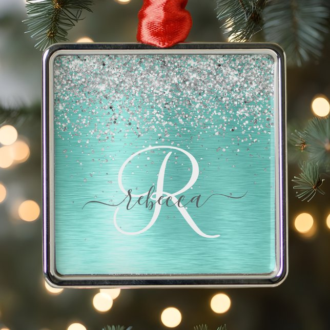 Ornamento De Metal  Teal Brugado Metal Silver Glitter Nome Monograma (Criador carregado)