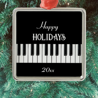 Ornamento De Metal Teclado Piano e texto personalizável preto e branc