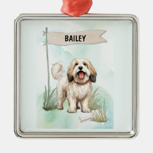 Ornamento De Metal Terrier Tibetano Aquarela Cachorro Personalizado