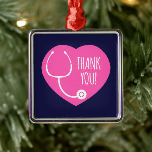 Ornamento De Metal Thank You Pink Heart Stethoscope