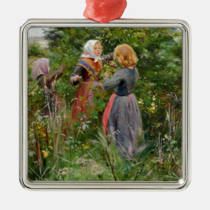 Ornamento De Metal Three Girls Picking Blackberry (por Brendekilde)