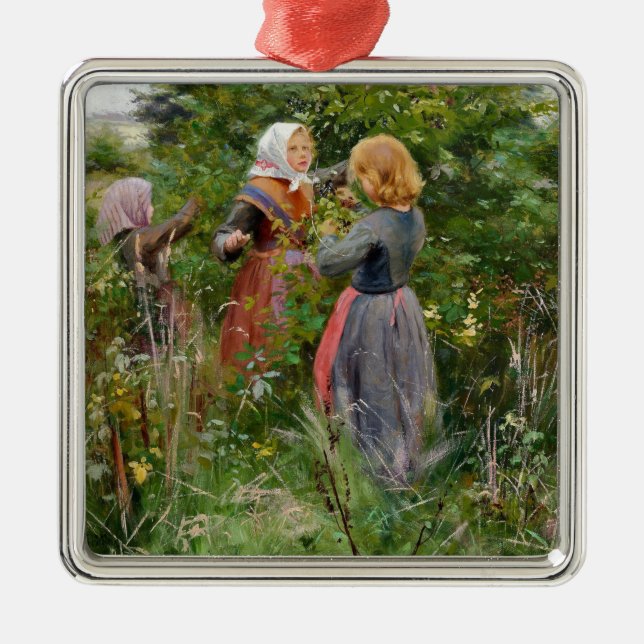 Ornamento De Metal Three Girls Picking Blackberry (por Brendekilde) (Frente)