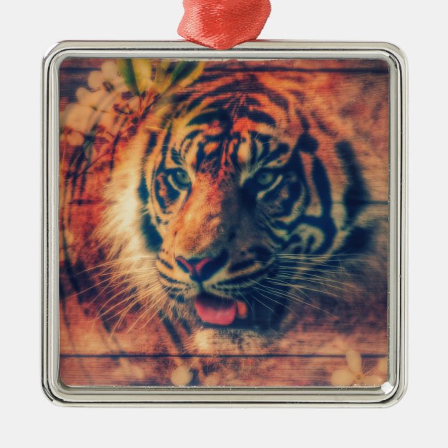 Ornamento De Metal Tiger Primavera Faux Wood Grunge (Frente)