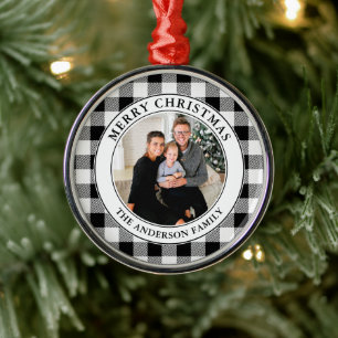 Ornamento De Metal Trendy Black and White Xadrez Feliz Natal