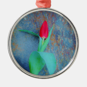 Ornamento De Metal Tulipa Vermelha na Cinza Azul