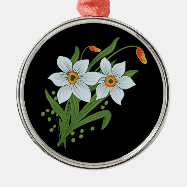 Ornamento De Metal Tulipas e Narcisos Flores Fundo Preto (Frente)