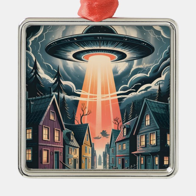 Ornamento De Metal UFO Abduction Night Street Illustration (Frente)