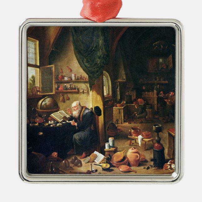 Ornamento De Metal Um alquimista em sua oficina (Frente)