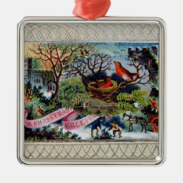 Ornamento De Metal Um cumprimento do Natal, cartão do Victorian (Frente)