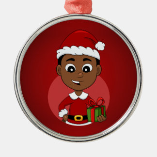 Ornamento De Metal Um desenho animado de um menino de Natal afro-amer
