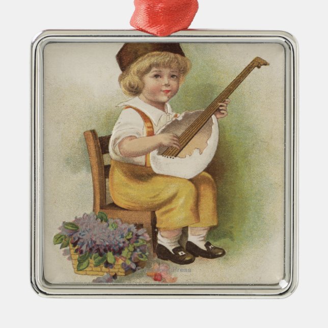 Ornamento De Metal Um EasterBoy feliz com a guitarra de Shell de ovo (Frente)