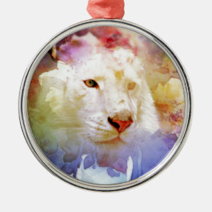 Ornamento De Metal Um gato grande em um campo floral do Grunge