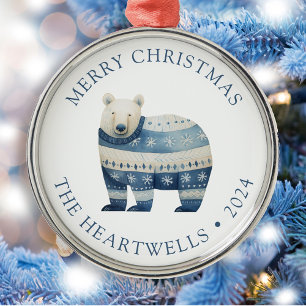 Ornamento De Metal Urso Polar Azul Personalizado Feliz Natal