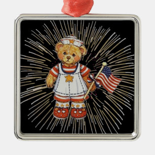 Ornamento De Metal Urso Vintage com Fireworks Branco Moderno