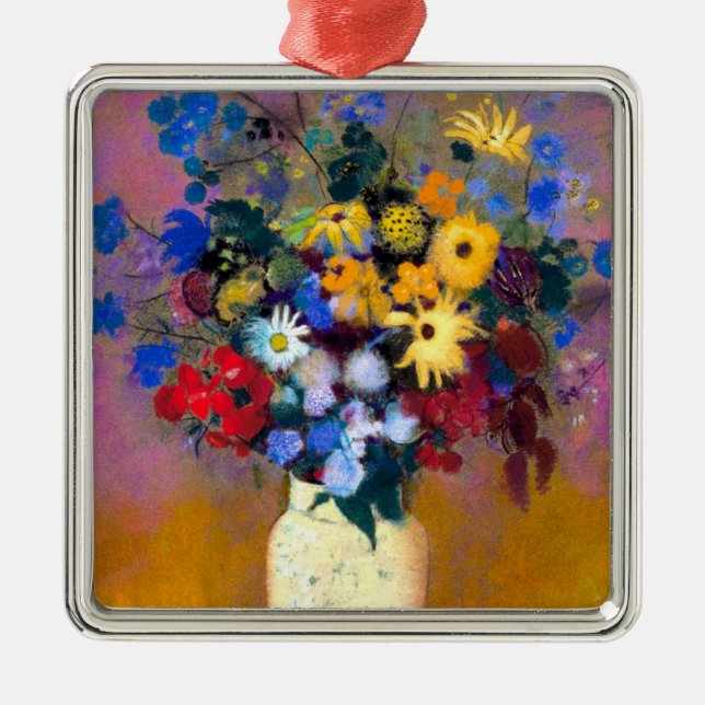 Ornamento De Metal Vaso Branco com Flores Odilon Redon (Frente)