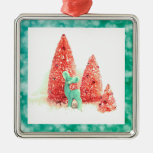Ornamento De Metal Veado de Natal retrô com moldura aqua