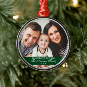Ornamento De Metal Verde da nossa primeira família de Natal