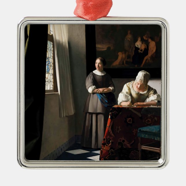 Ornamento De Metal Vermeer - Senhora Escrevendo uma carta com sua aju (Frente)
