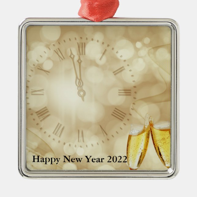 Ornamento De Metal Véspera de Ano Novo com óculos de champanhe (Frente)