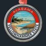 Ornamento De Metal Viagem Art Crachá do Alabama<br><div class="desc">Viagem de retro-vetor do Alabama. Esta arte retrô-estilo viagem,  com sua mistura de cores ousadas e atração vítrea,  foi projetada para inspirar um senso de aventura.</div>