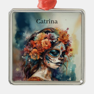 Ornamento De Metal Vibrant Watercolor Dia de los Muertos Catrina
