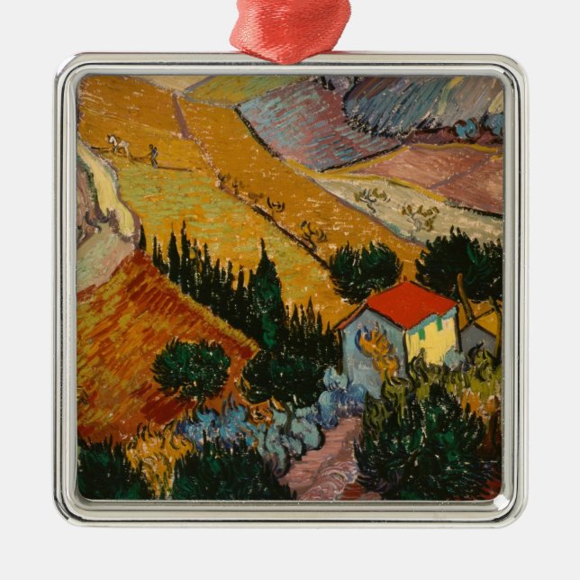 Ornamento De Metal Vincent van Gogh | Paisagem com House & Plowman (Frente)