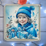 Ornamento De Metal Vintage Blue Little Girl Christmas Personalizado<br><div class="desc">Bonito vintaginha no chapéu de inverno com uma caixa de presentes azul retro Enfeites de natal de vibrações nostálgicas para aqueles que gostam de um Natal antiquado.</div>