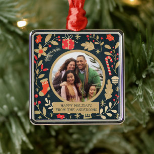 Ornamento De Metal Vintage Botanical Christmas Family Photo Ornament
