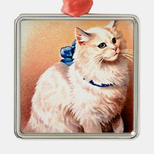 Ornamento De Metal Vintage Cat com Arco Azul
