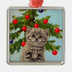 Ornamento De Metal Vintage Cat e Árvore de Natal