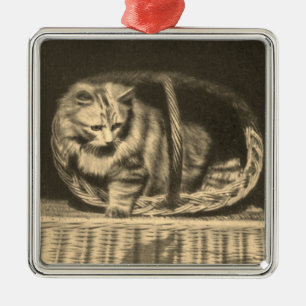Ornamento De Metal Vintage Cat em uma cesta