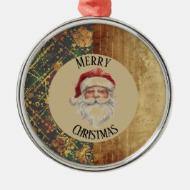 Ornamento De Metal Vintage, Christmas, Santa Claus, Red Gold Green 