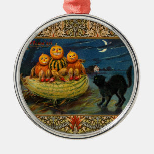 Ornamento De Metal Vintage Halloween Pumpkins Black Cat