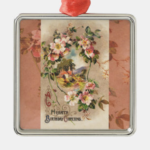 Ornamento De Metal Vintage Happy Birthday Card Trabalho de arte