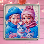 Ornamento De Metal Vintage Little Children Natal Personalizado<br><div class="desc">Bonito garotinha e menino em chapéus de inverno cor-de-rosa e azuis segurando gatinhos retro-nostálgicos para aqueles que gostam de um Natal antiquado.</div>