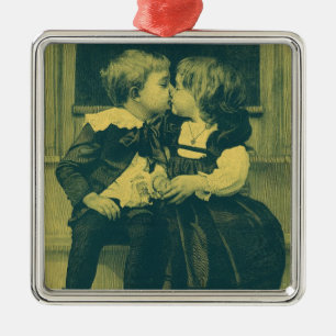 Ornamento De Metal Vintage Love and Romance Photo, Crianças Beijam