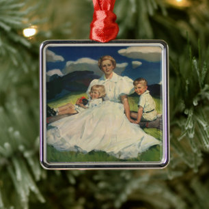 Ornamento De Metal Vintage Mãe com Crianças Retrato Familiar