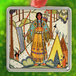 Ornamento De Metal Vintage Native American Woman Village Forest