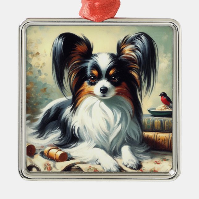 Ornamento De Metal Vintage Papillon Dog Painting (Frente)
