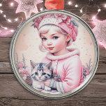 Ornamento De Metal Vintage Pink Little Girl Christmas<br><div class="desc">Bonito menina vintage segurando um pequeno gatinho com cinza stripada retro Enfeites de natal de vibração nostálgica para aqueles que gostam de um Natal antiquado.</div>