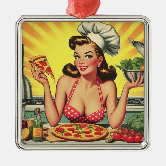 Ornamento De Metal Vintage Pizza Girl (Frente)