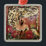 Ornamento De Metal Vintage Rosa Gypsy Dancer Collage Francesa<br><div class="desc">Uma bela colagem de efeito de safra baseada em uma profunda damasco de rosa com elementos de um quadro antigo,  roteiro francês,  flores de rosa,  borboletas,  pássaro com coroa e uma dançarina de giro bonito com tambourine. As cores incluem vermelho,  russet,  cor-de-rosa,  lavanda,  marrom,  verde e ouro.</div>