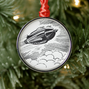 Ornamento De Metal Vintage Science Ficeship Rocket in Clouds
