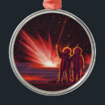 Ornamento De Metal Vintage Science Fiction Alienígena Red Planet Expl<br><div class="desc">Imagem de Vintage,  ilustração futurista Science Fiction com astronautas alienígenas amigáveis acenando. Eles estão em um planeta ou lua vermelho com bolas de fogo explosivas que se parecem com fogos de artifício. Um clássico design de quadrinhos retrô 50 de ficção científica.</div>